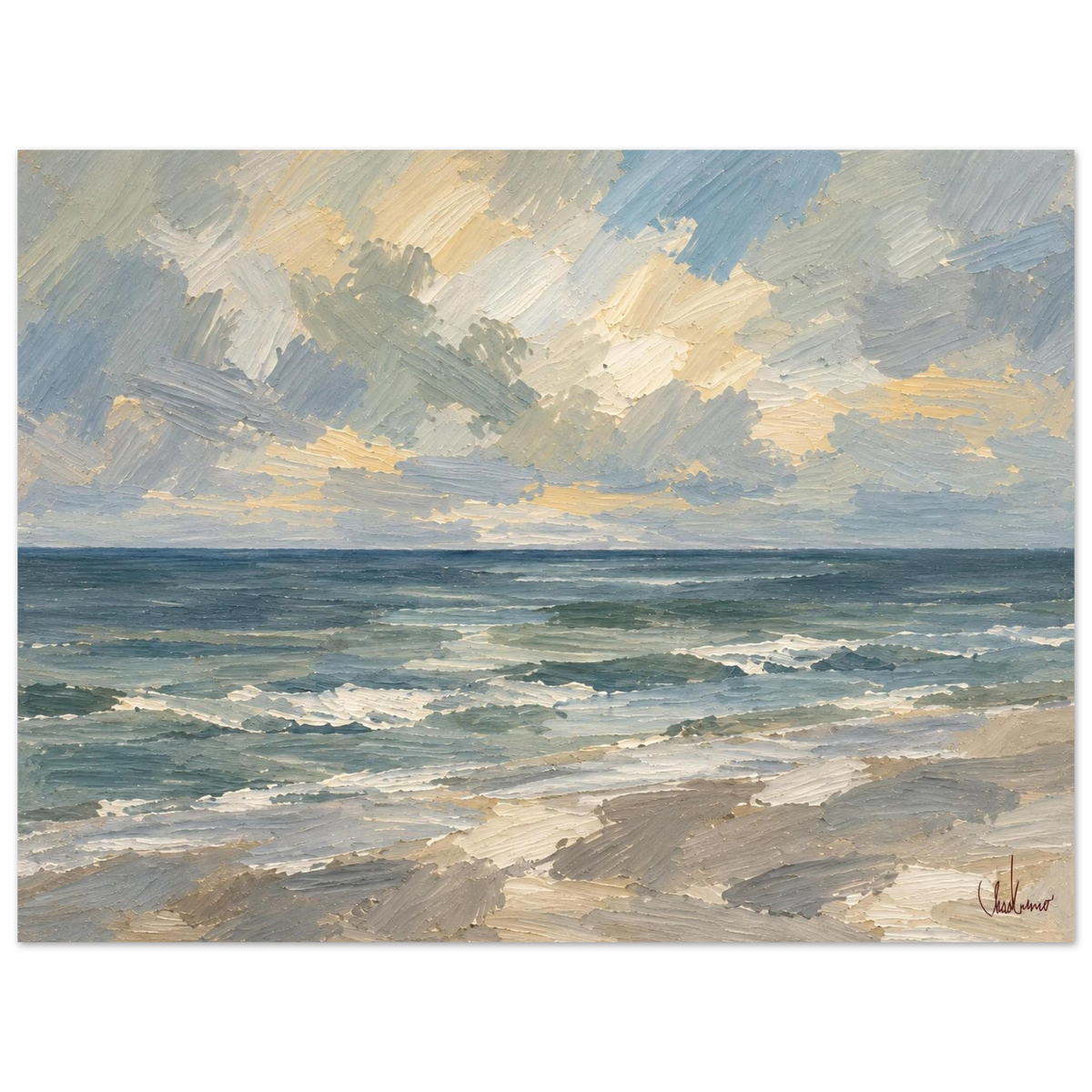 Gulf Horizon signed unframed art print, with open Gulf water, a pale shoreline, and a soft clouded sky