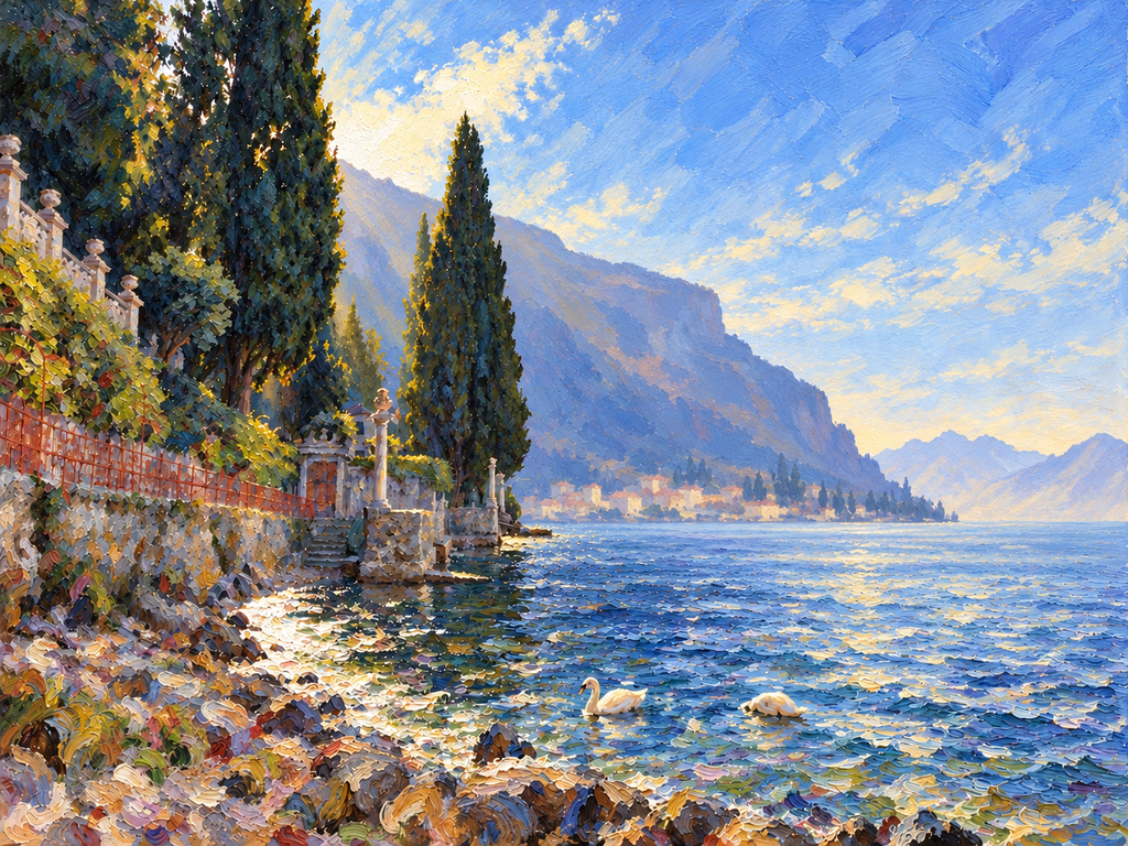 Como Shore I: impressionistic lakeside landscape with cypress trees, a distant village and two white swans.
