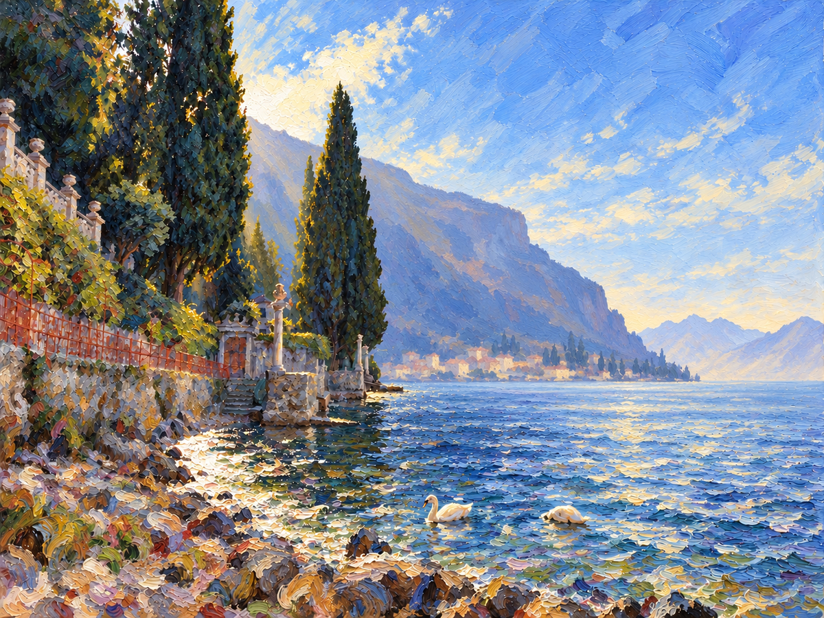 Como Shore I: impressionistic lakeside landscape with cypress trees, a distant village and two white swans.