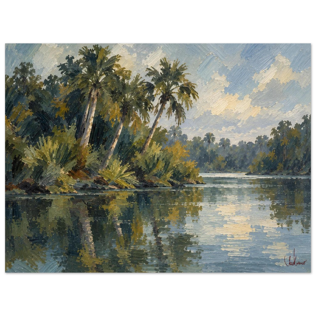 Signed Riverbend Palms artwork; framed version not shown