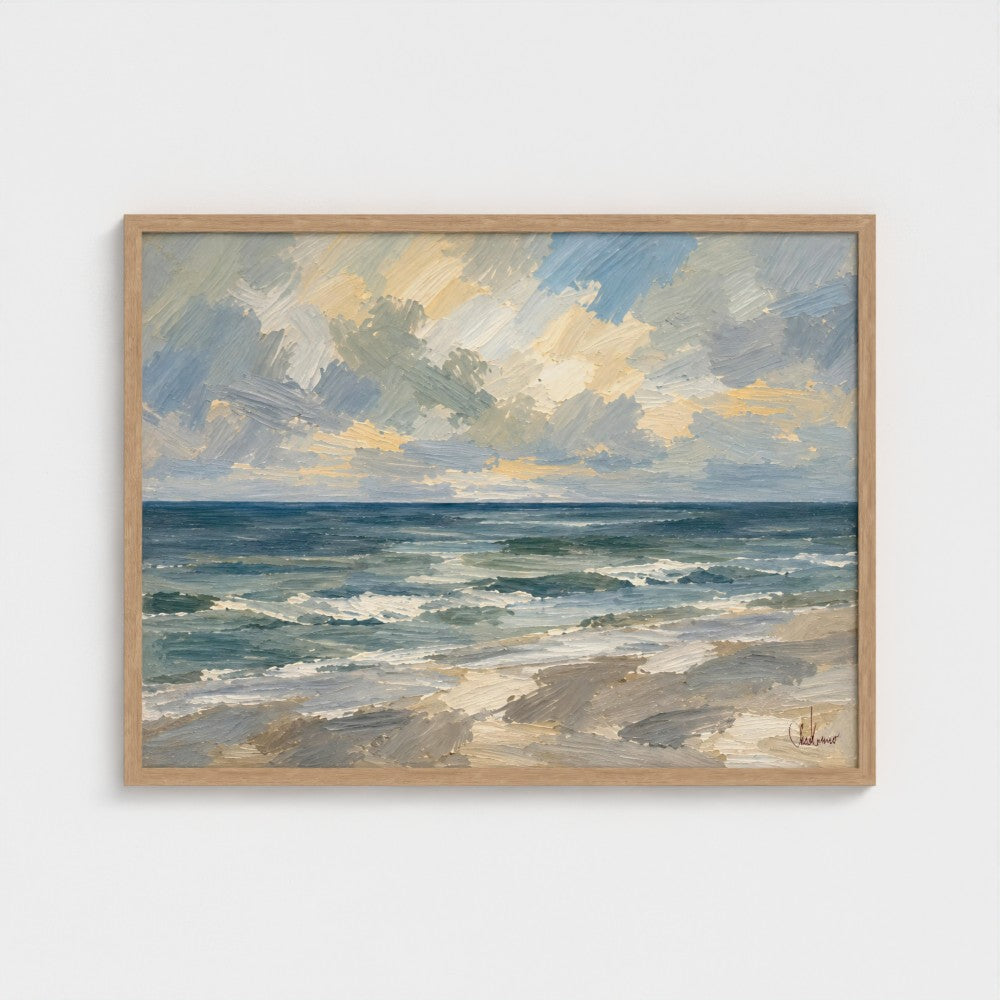 Gulf Horizon, 32 × 24 inch landscape art print in a Natural classic frame, no mat; supplier head-on preview.