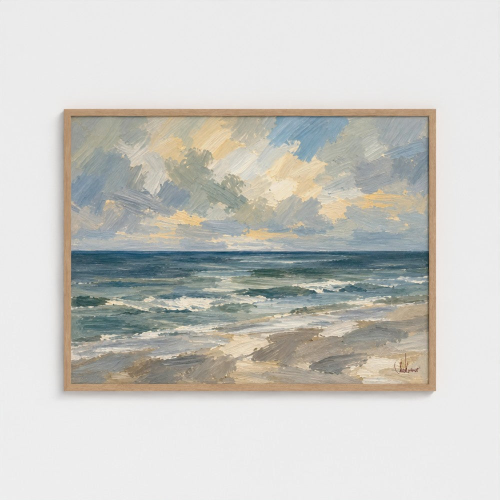 Gulf Horizon, 40 × 30 inch landscape art print in a Natural classic frame, no mat; supplier head-on preview.