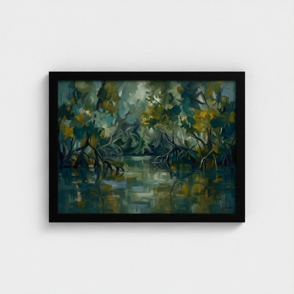 Mangrove Stillwater in a Black Classic frame, landscape 16 × 12 inches; Prodigi supplier mockup.