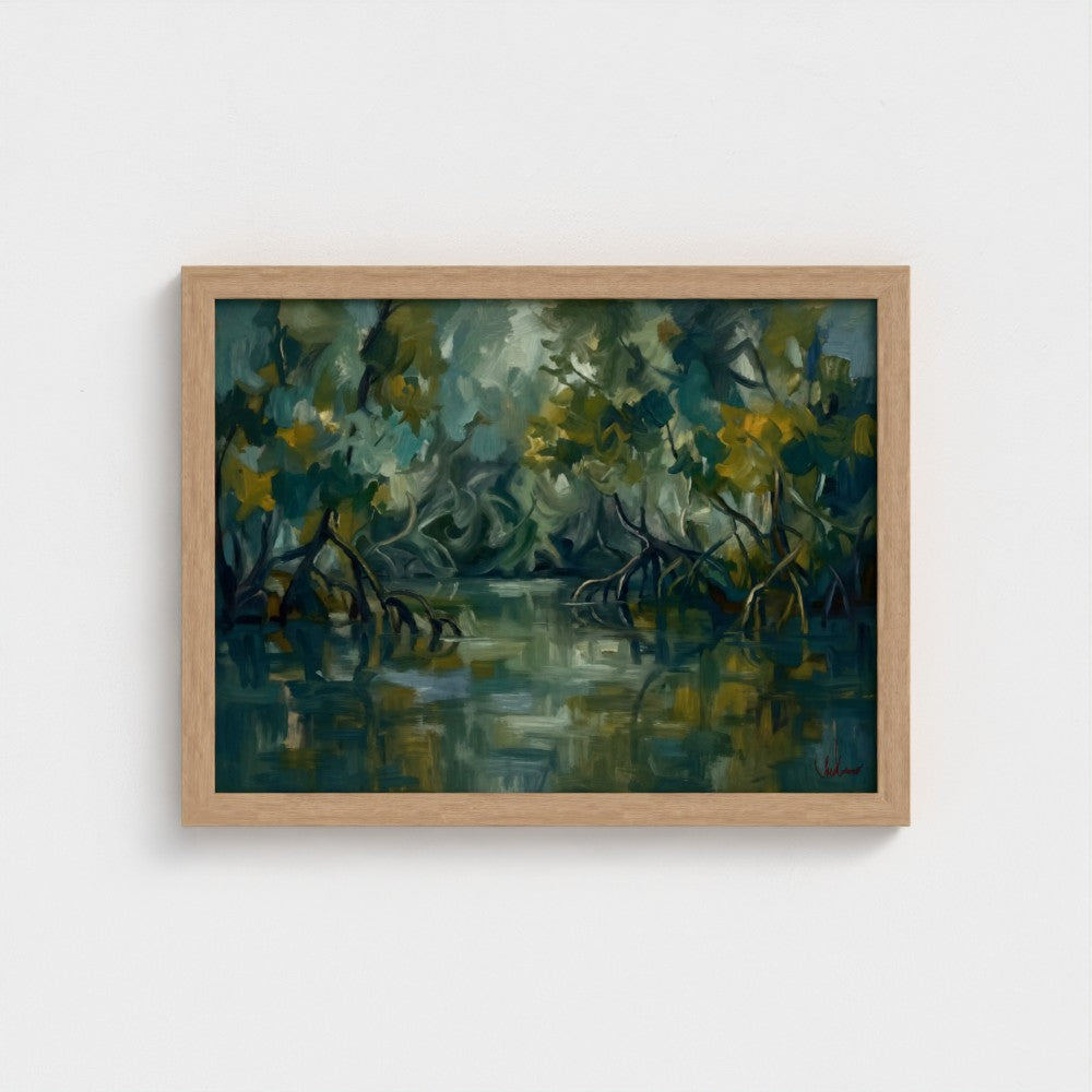 Mangrove Stillwater in a Natural Classic frame, landscape 16 × 12 inches; Prodigi supplier mockup.