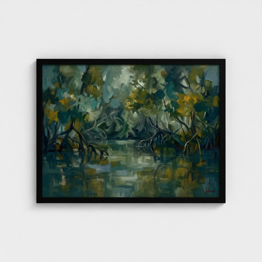 Mangrove Stillwater in a Black Classic frame, landscape 24 × 18 inches; Prodigi supplier mockup.