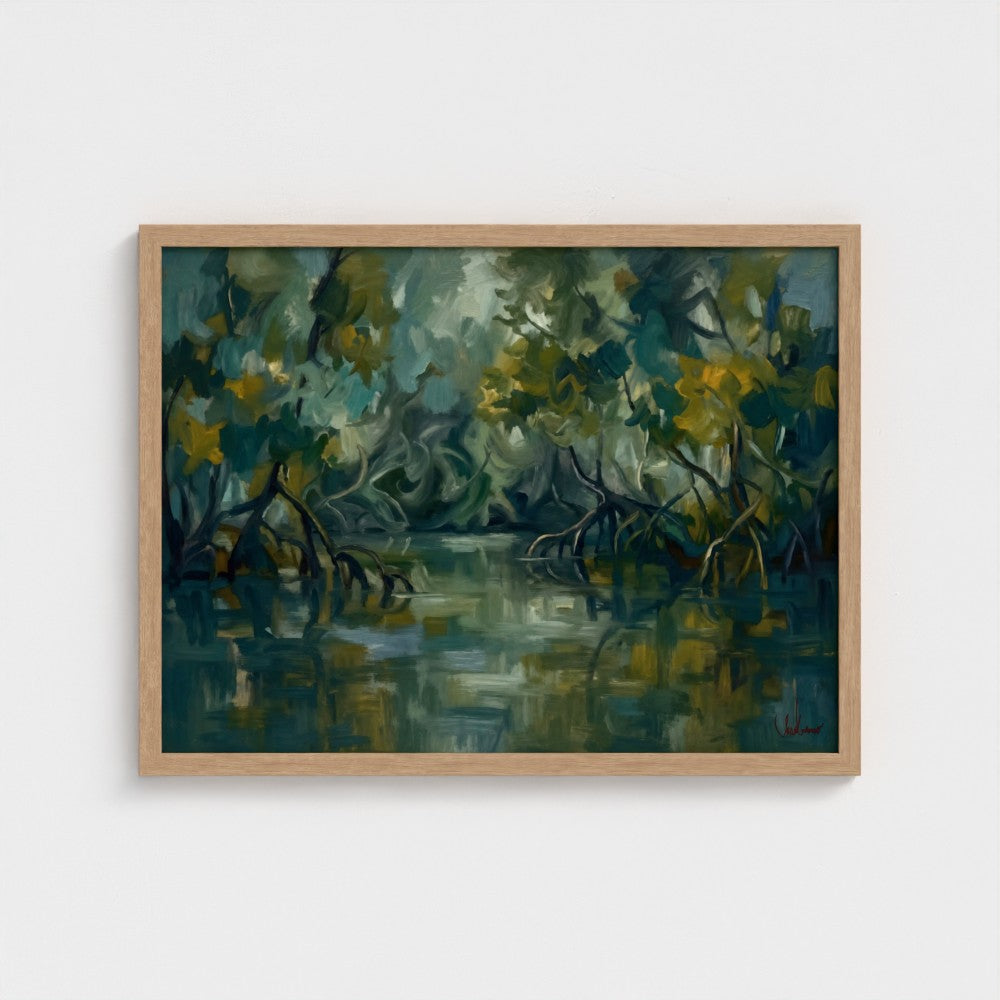 Mangrove Stillwater in a Natural Classic frame, landscape 24 × 18 inches; Prodigi supplier mockup.