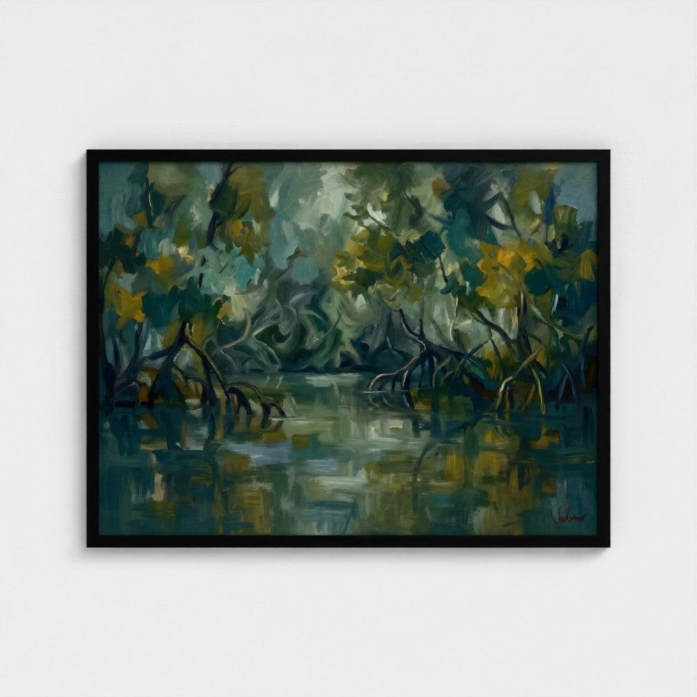 Mangrove Stillwater in a Black Classic frame, landscape 32 × 24 inches; Prodigi supplier mockup.