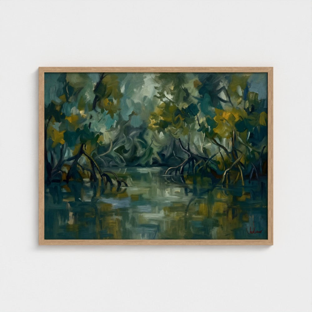Mangrove Stillwater in a Natural Classic frame, landscape 32 × 24 inches; Prodigi supplier mockup.