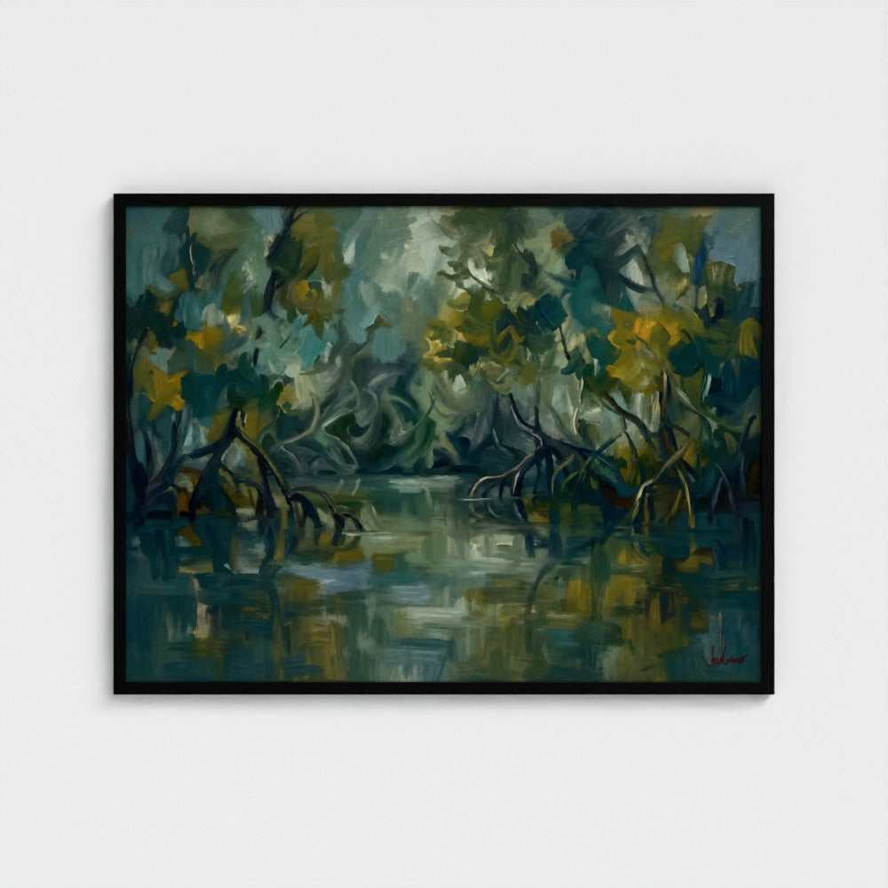Mangrove Stillwater in a Black Classic frame, landscape 40 × 30 inches; Prodigi supplier mockup.