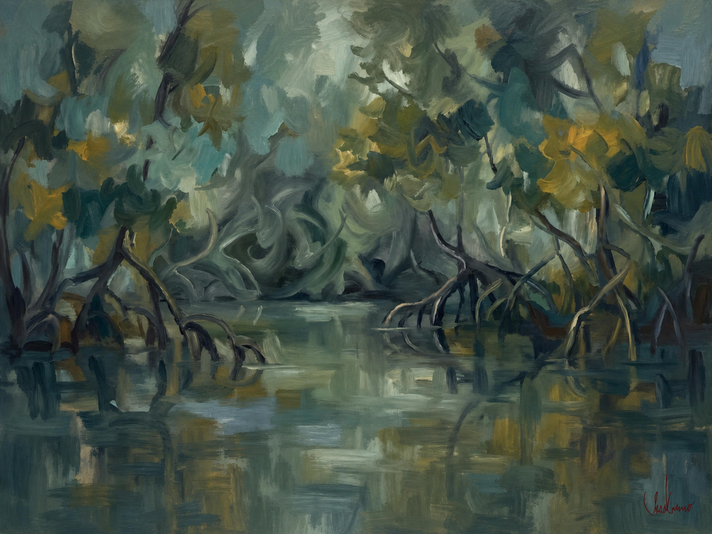 Signed Mangrove Stillwater artwork, a painterly Florida mangrove landscape; frame not shown
