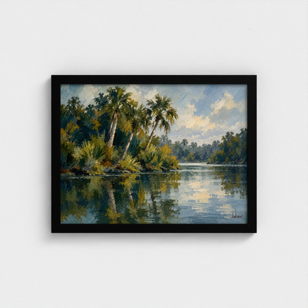 Riverbend Palms in a Black Classic frame, landscape 16 × 12 inches; Prodigi supplier mockup.