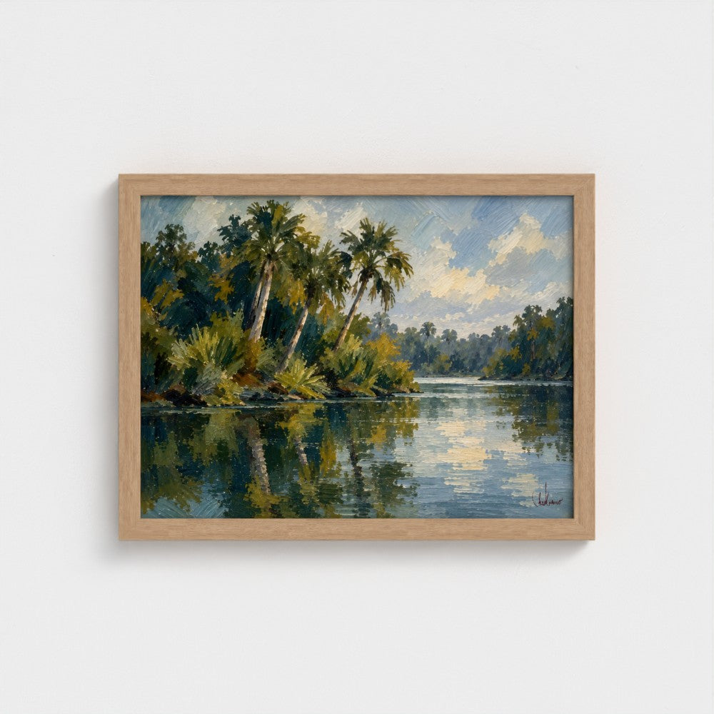 Riverbend Palms in a Natural Classic frame, landscape 16 × 12 inches; Prodigi supplier mockup.