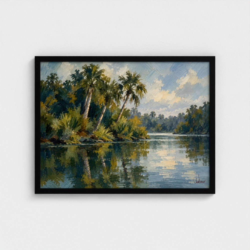 Riverbend Palms in a Black Classic frame, landscape 24 × 18 inches; Prodigi supplier mockup.