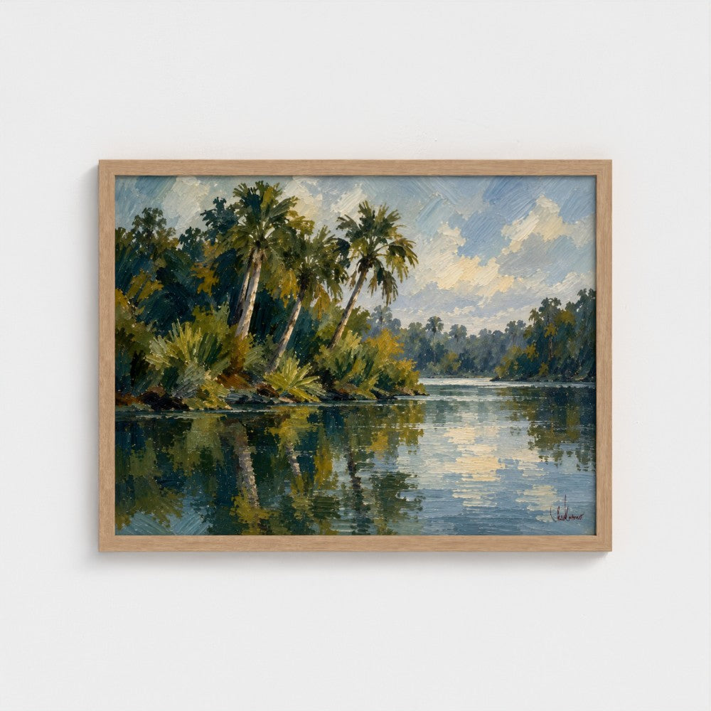 Riverbend Palms in a Natural Classic frame, landscape 24 × 18 inches; Prodigi supplier mockup.