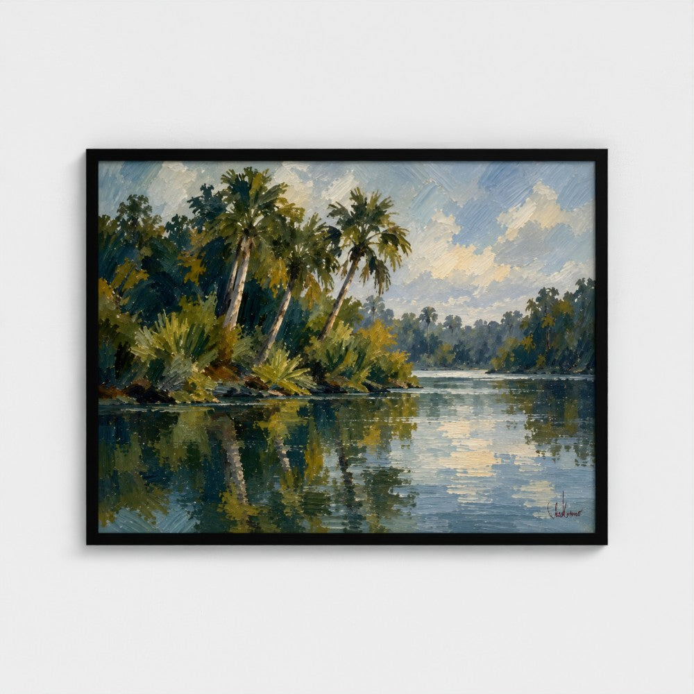 Riverbend Palms, 32 × 24 inch landscape art print in a Black classic frame, no mat; supplier head-on preview.