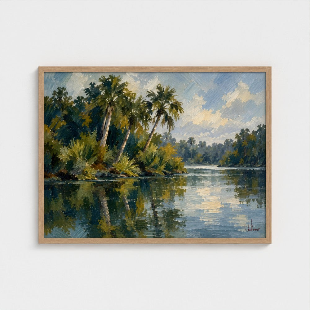 Riverbend Palms, 32 × 24 inch landscape art print in a Natural classic frame, no mat; supplier head-on preview.