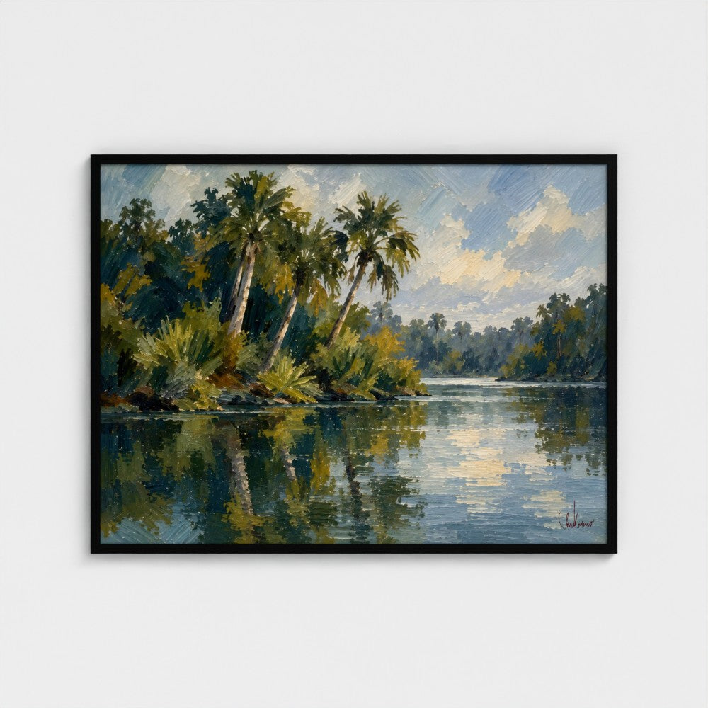 Riverbend Palms, 40 × 30 inch landscape art print in a Black classic frame, no mat; supplier head-on preview.
