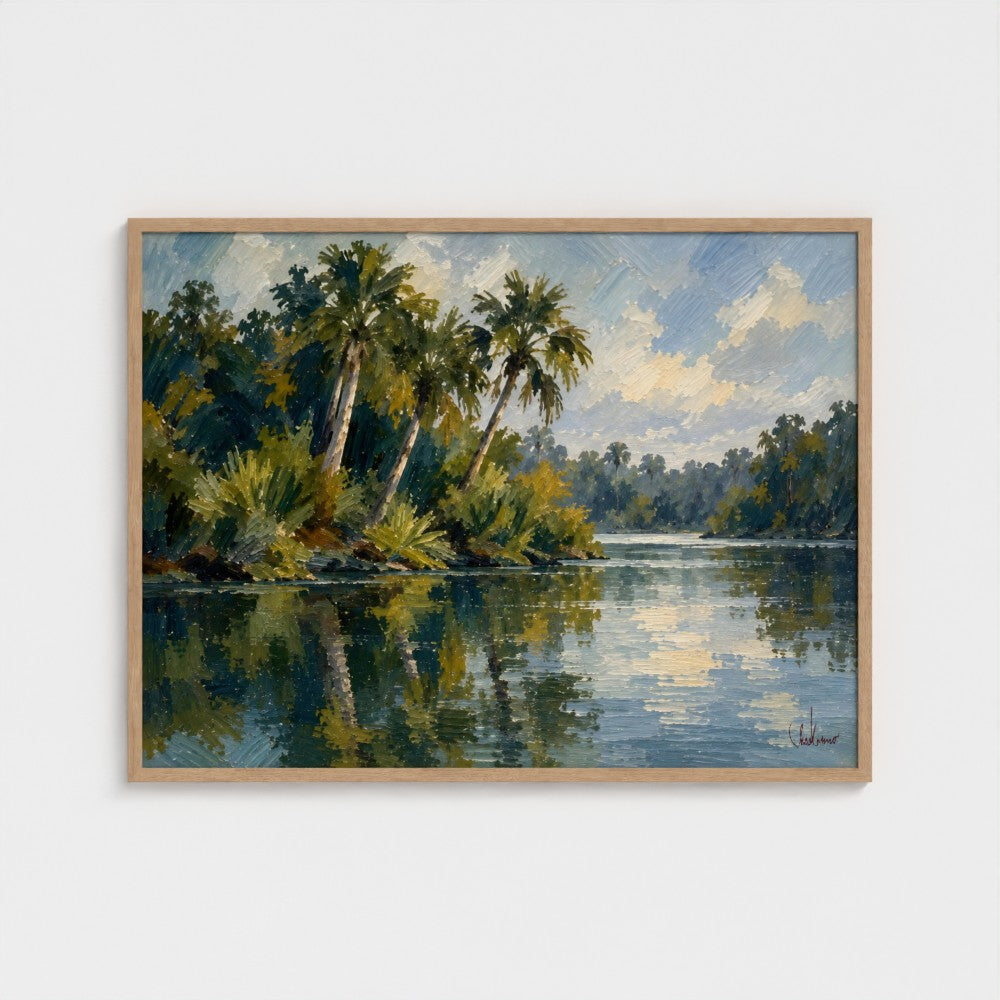 Riverbend Palms, 40 × 30 inch landscape art print in a Natural classic frame, no mat; supplier head-on preview.