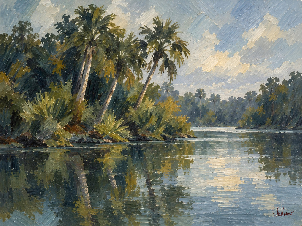 Riverbend Palms artwork for the large framed edition; frame not shown.