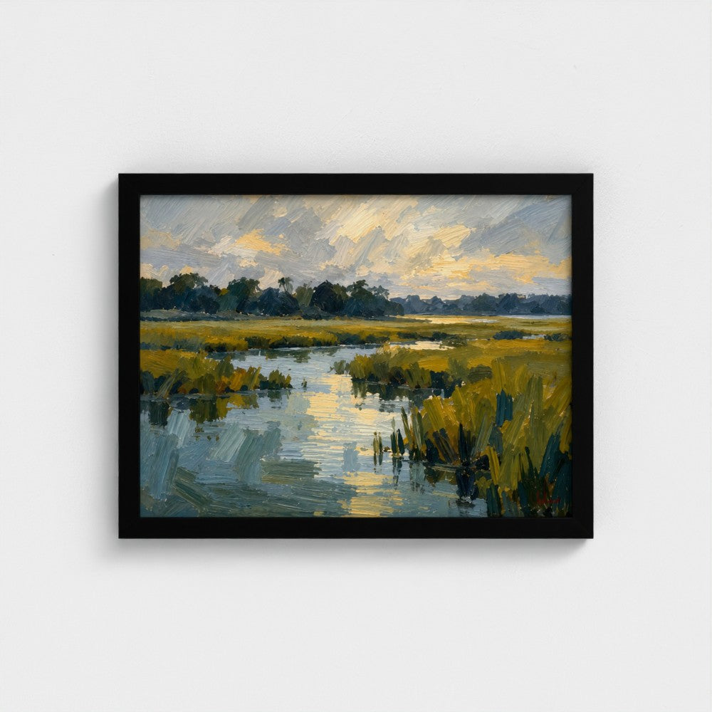 Salt Marsh Evening in a Black Classic frame, landscape 16 × 12 inches; Prodigi supplier mockup.