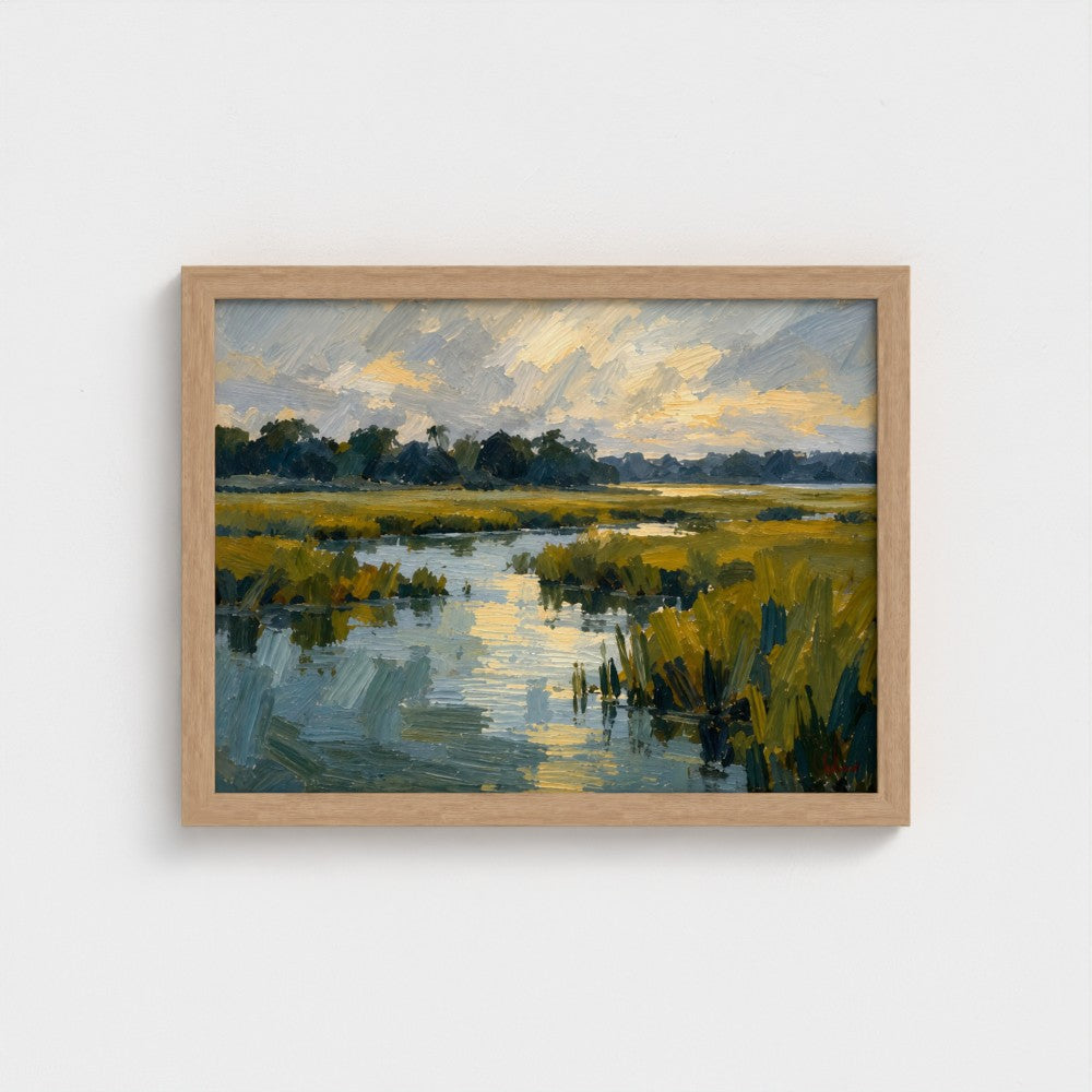 Salt Marsh Evening in a Natural Classic frame, landscape 16 × 12 inches; Prodigi supplier mockup.