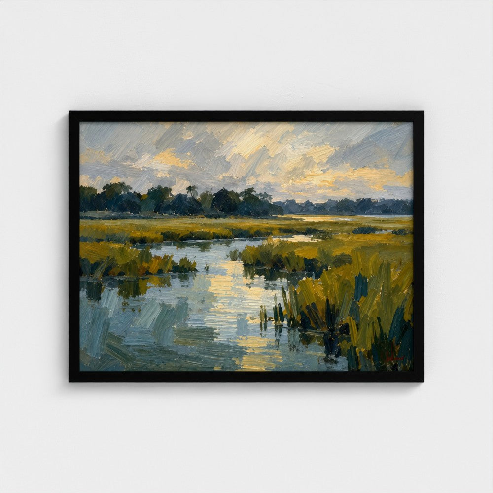 Salt Marsh Evening in a Black Classic frame, landscape 24 × 18 inches; Prodigi supplier mockup.