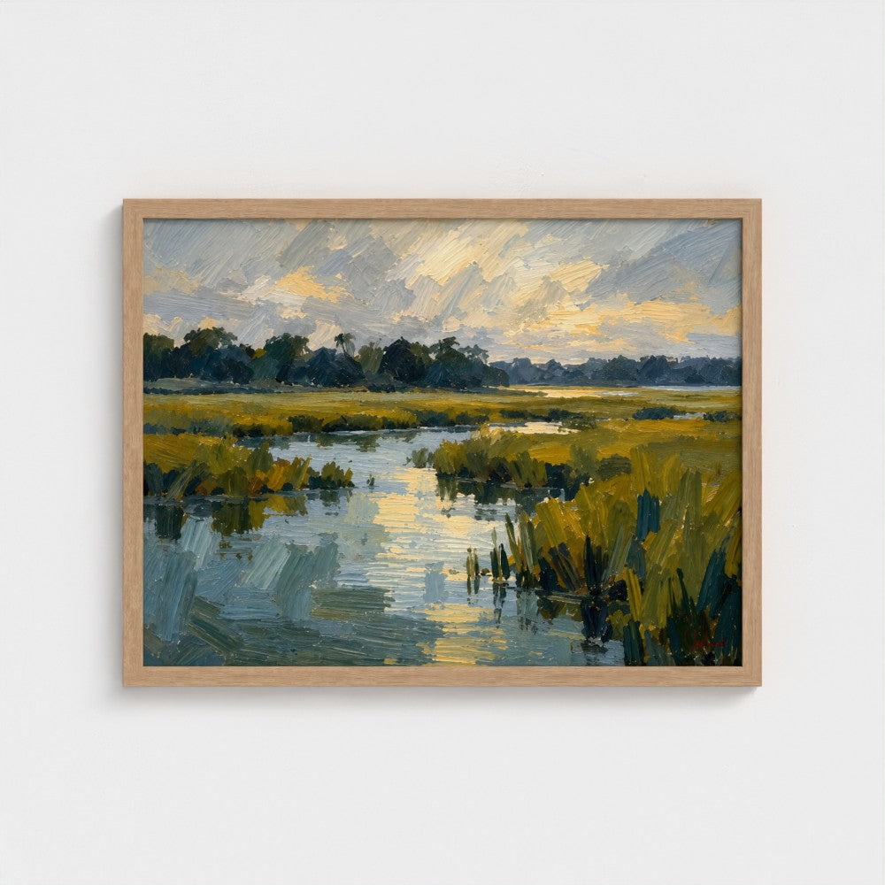 Salt Marsh Evening in a Natural Classic frame, landscape 24 × 18 inches; Prodigi supplier mockup.