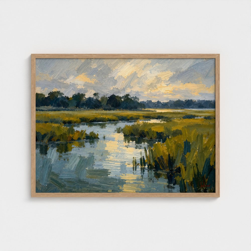 Salt Marsh Evening, 32 × 24 inch landscape art print in a Natural classic frame, no mat; supplier head-on preview.