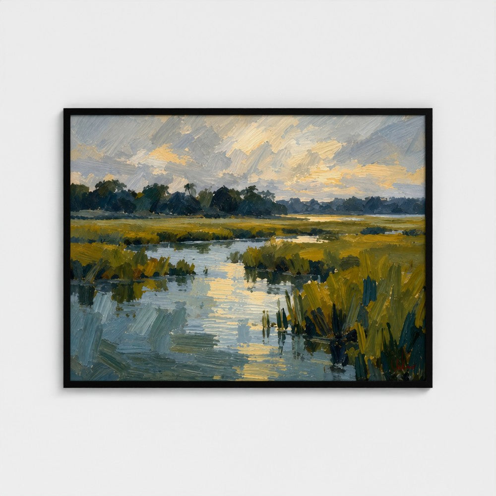 Salt Marsh Evening, 40 × 30 inch landscape art print in a Black classic frame, no mat; supplier head-on preview.