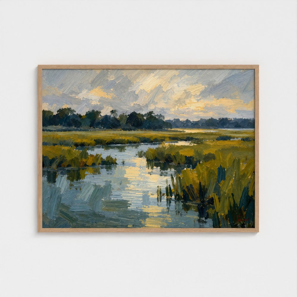 Salt Marsh Evening, 40 × 30 inch landscape art print in a Natural classic frame, no mat; supplier head-on preview.