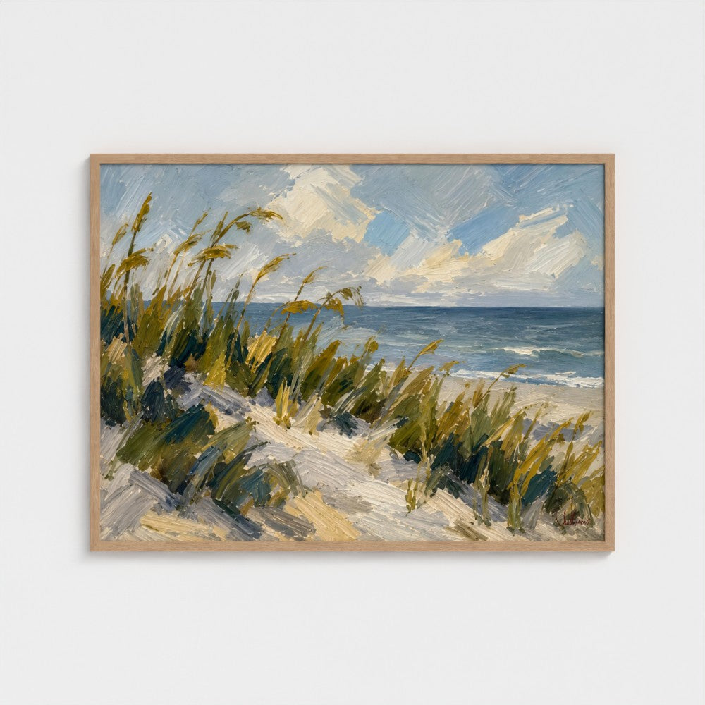 Sea Oats at First Light, 40 × 30 inch landscape art print in a Natural classic frame, no mat; supplier head-on preview.